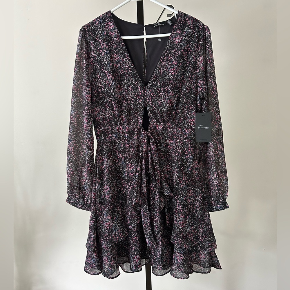 Femme by Design Black Dress with Pink Floral Speckle and Ruffle Hem, Size Medium